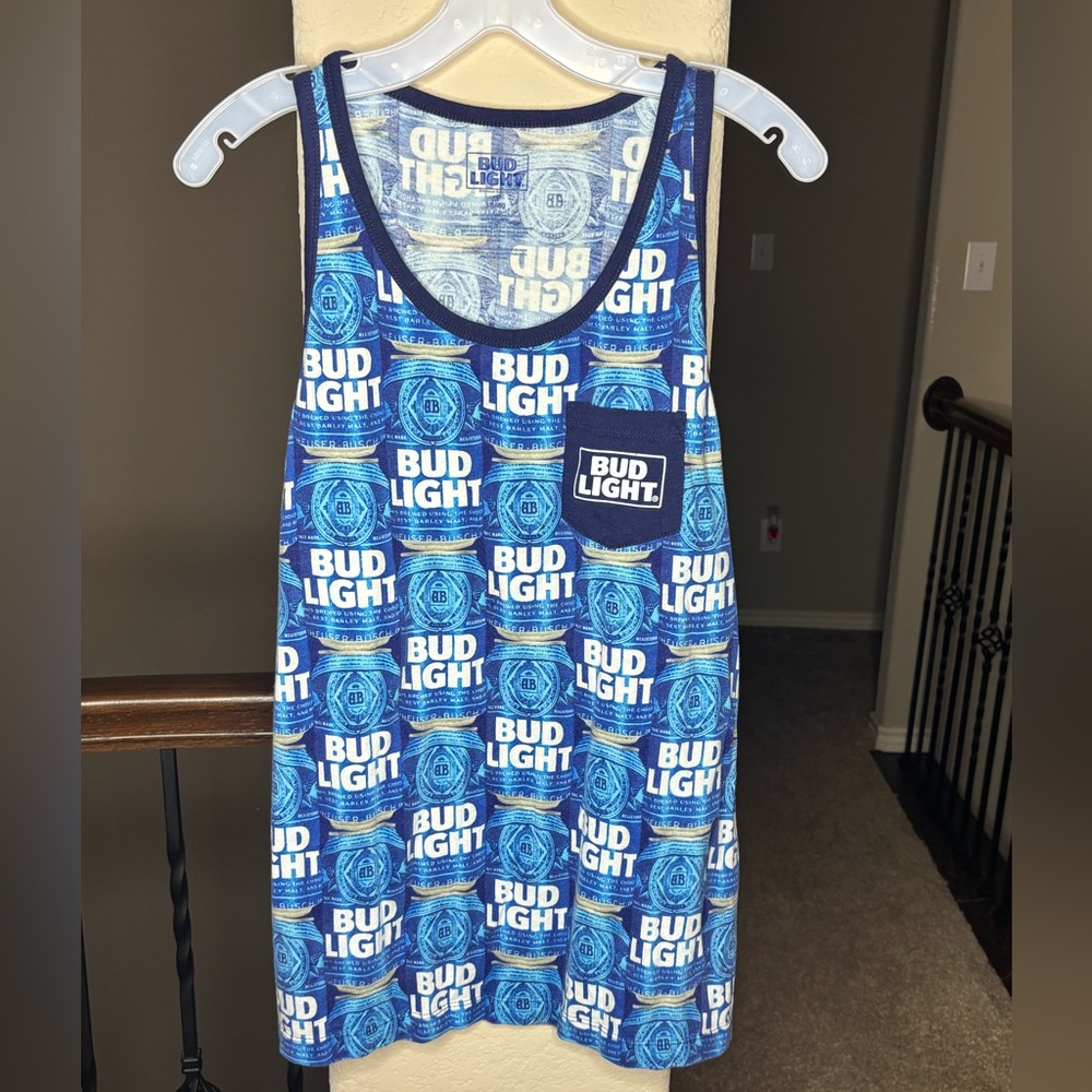 Bud Light Blue Tank Top with Front Pocket Cotton Blend Size M Novelty Frat Pool